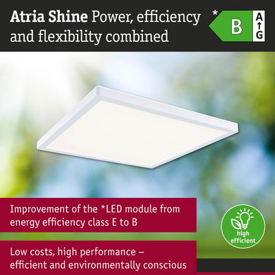 White square LED ceiling panel with high energy efficiency class B and eco-friendly lighting technology
