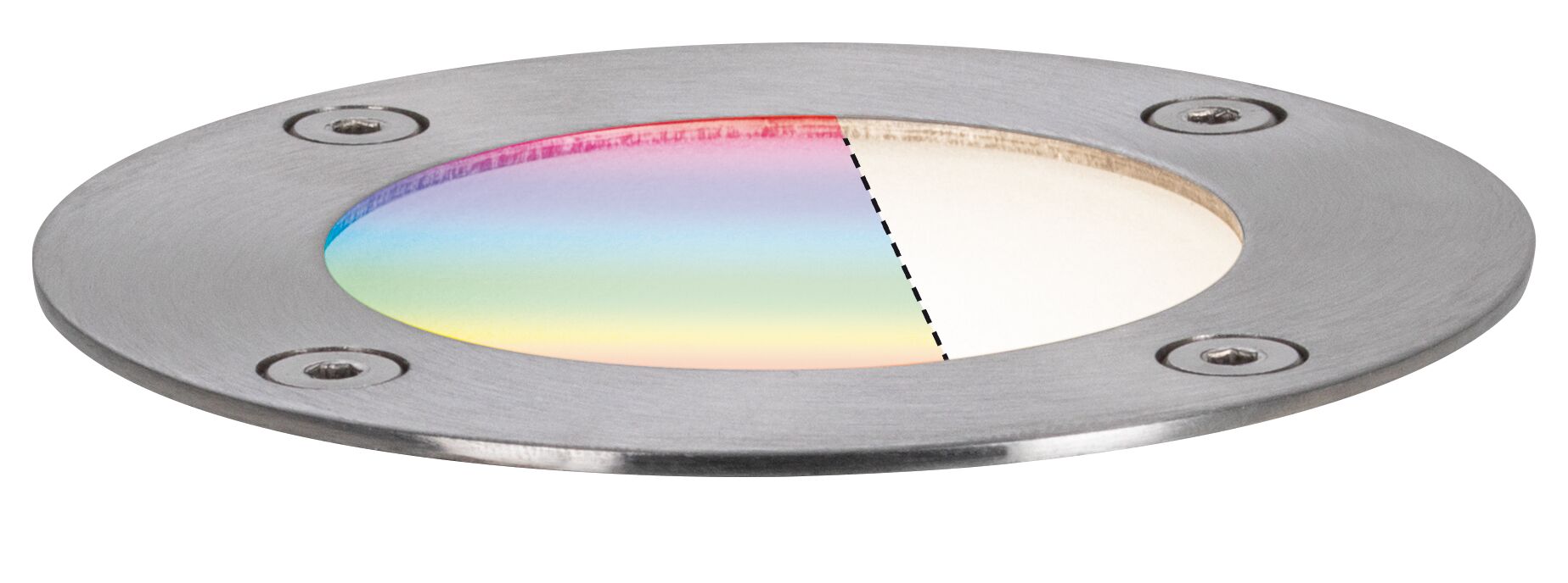 Round stainless steel recessed spotlight with colored and white light sections for outdoor lighting
