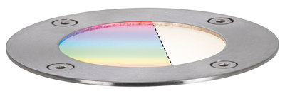 Round stainless steel recessed spotlight with colored and white light sections for outdoor lighting