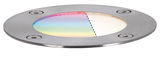 Round stainless steel recessed spotlight with colored and white light sections for outdoor lighting
