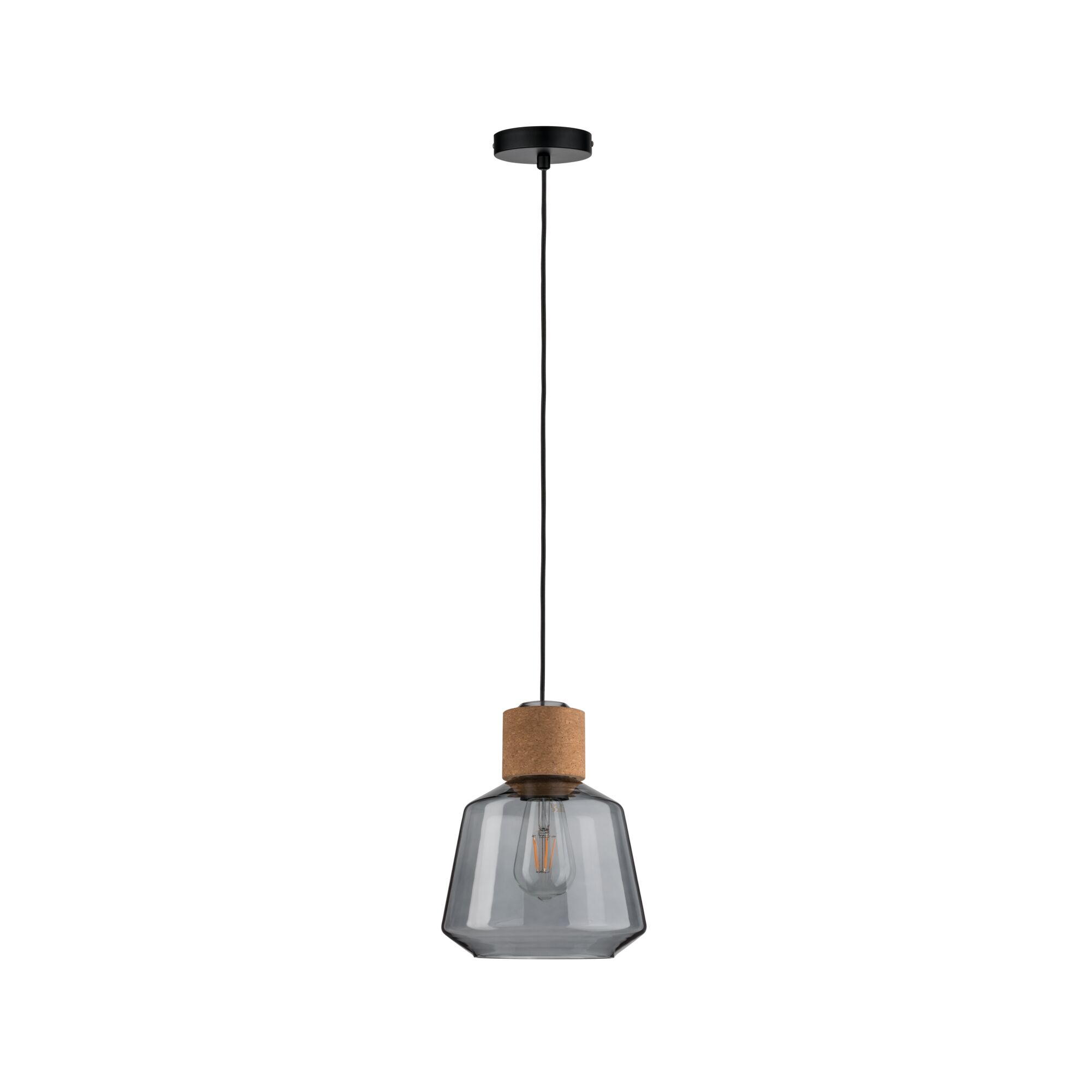 Moderne hanglamp met grijs glas en kurkdetail, energiezuinige LED-lamp voor woonkamers