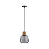 Modern pendant light with grey glass and cork detail, energy-saving LED hanging lamp for living rooms