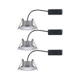 Three round silver LED recessed spotlights with black cable and connector box for modern lighting