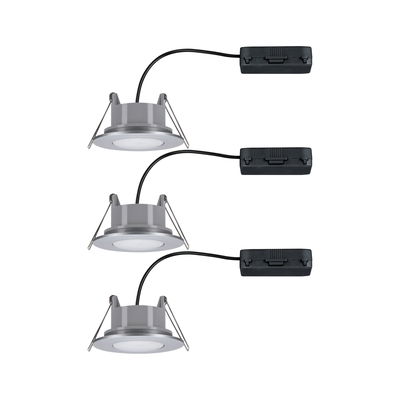 Three round silver LED recessed spotlights with black cable and connector box for modern lighting