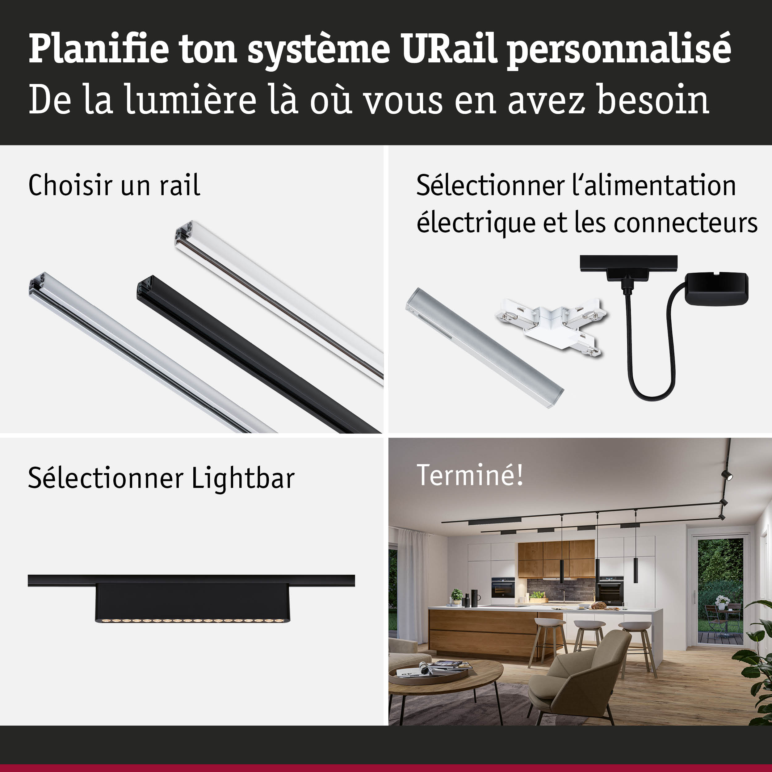 Système de rail URail modulaire en aluminium noir et blanc pour éclairage LED flexible