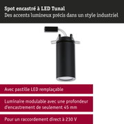 Spot encastré LED Tunai noir avec pastille LED remplaçable et profondeur d'encastrement de 45 mm