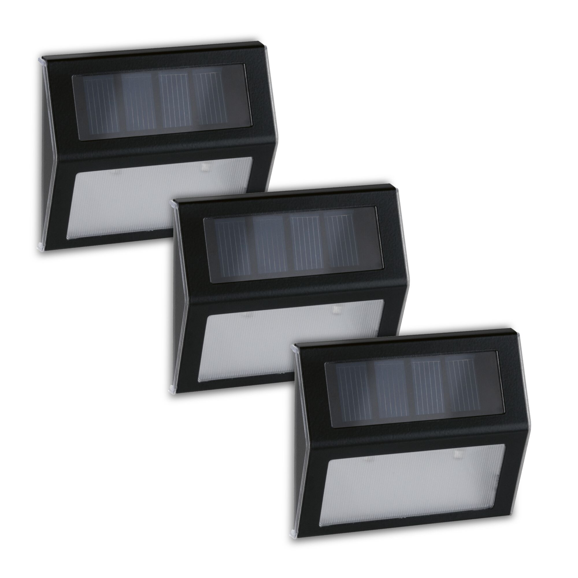 Lot de trois lampes solaires noires rectangulaires avec diffuseur blanc pour éclairage extérieur.