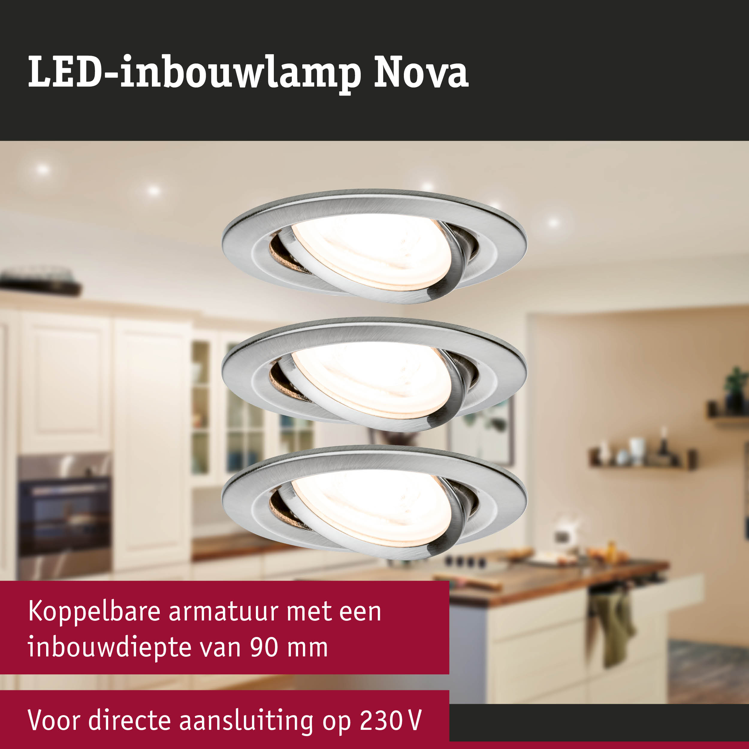 LED-inbouwlamp Nova van geborsteld zilver met directe 230V aansluiting voor woningverlichting