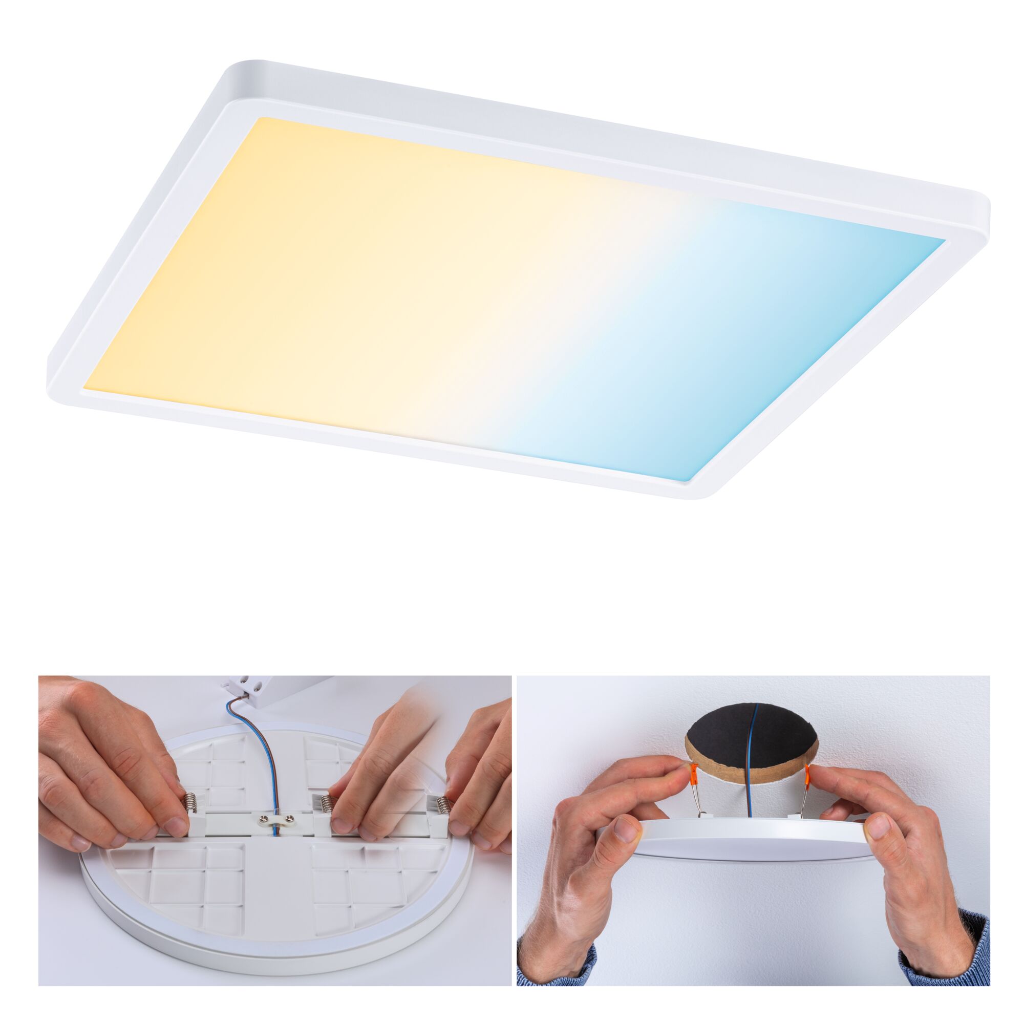 Rectangular LED ceiling light with white frame and warm to cool white light, installation steps shown