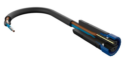 Zwarte kabel met bruine en blauwe draden, doorsnede toont interne structuur en stekkerverbinding