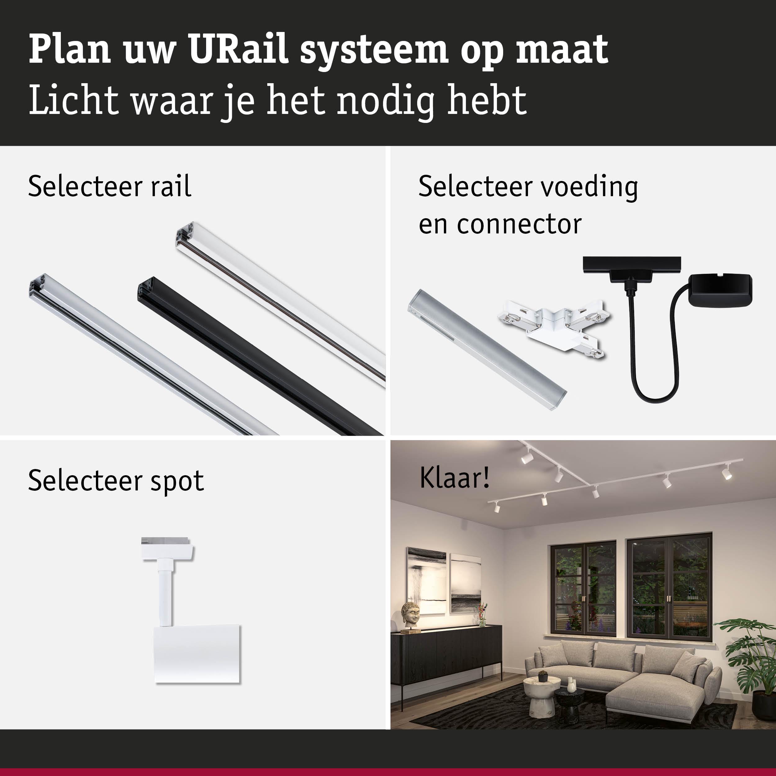 Modulair URail railsysteem met rails, connectoren en witte spots voor aanpasbare woonverlichting