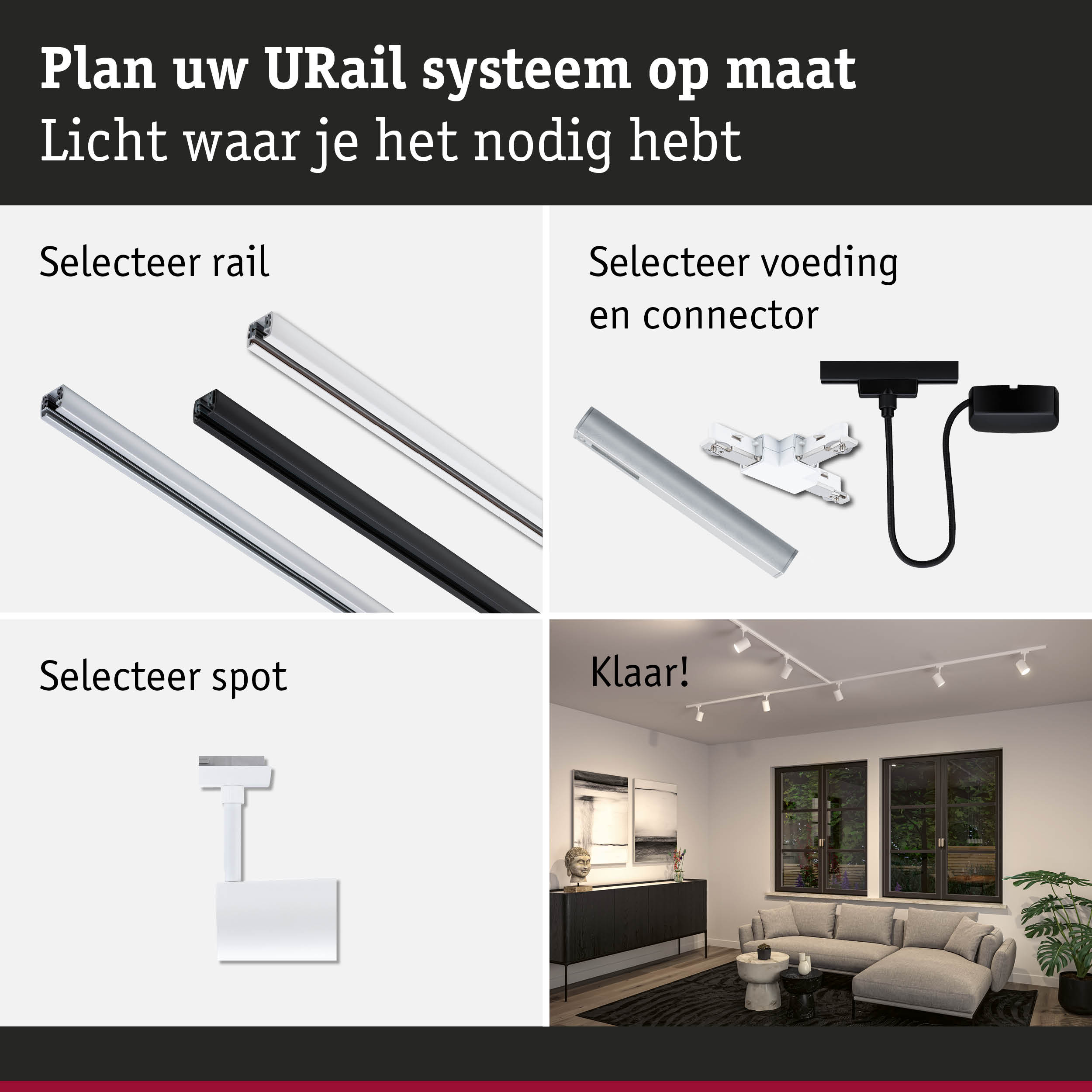Modulair URail railsysteem met aluminium rails in zwart en wit voor flexibele LED-verlichting.