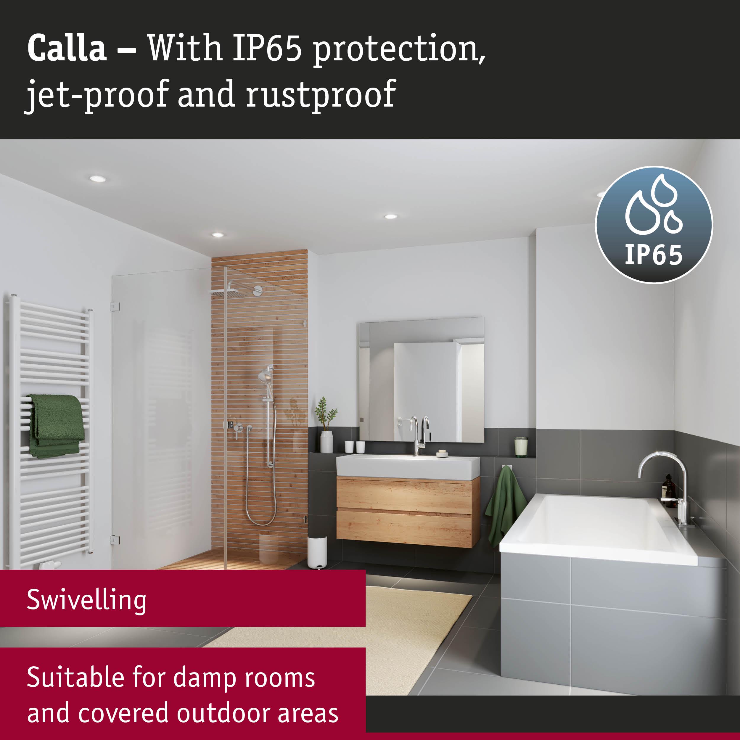 Modern bathroom with IP65 protected swivelling light suitable for damp rooms and covered outdoor areas