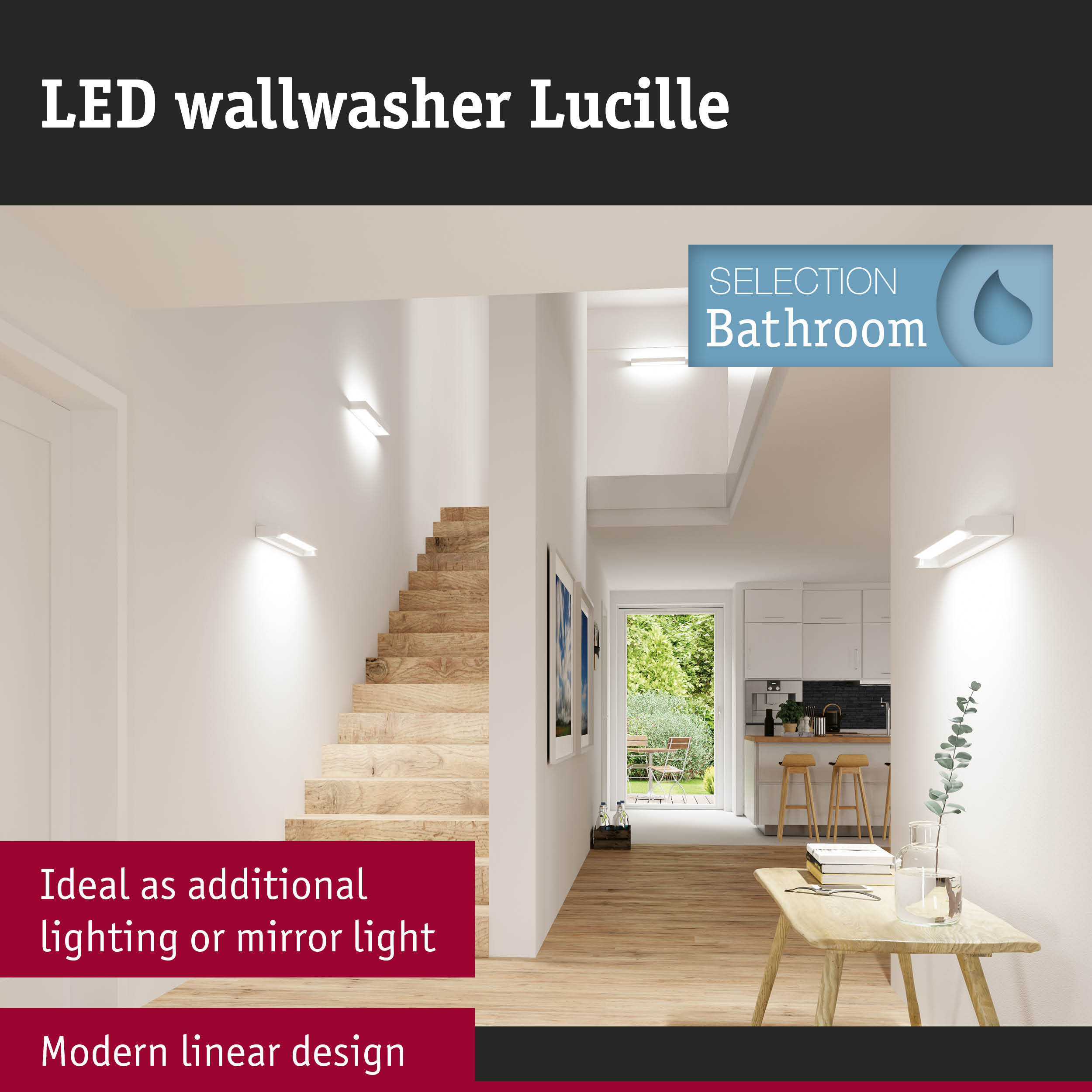 White LED wallwasher Lucille with modern linear design ideal for hallway and kitchen lighting