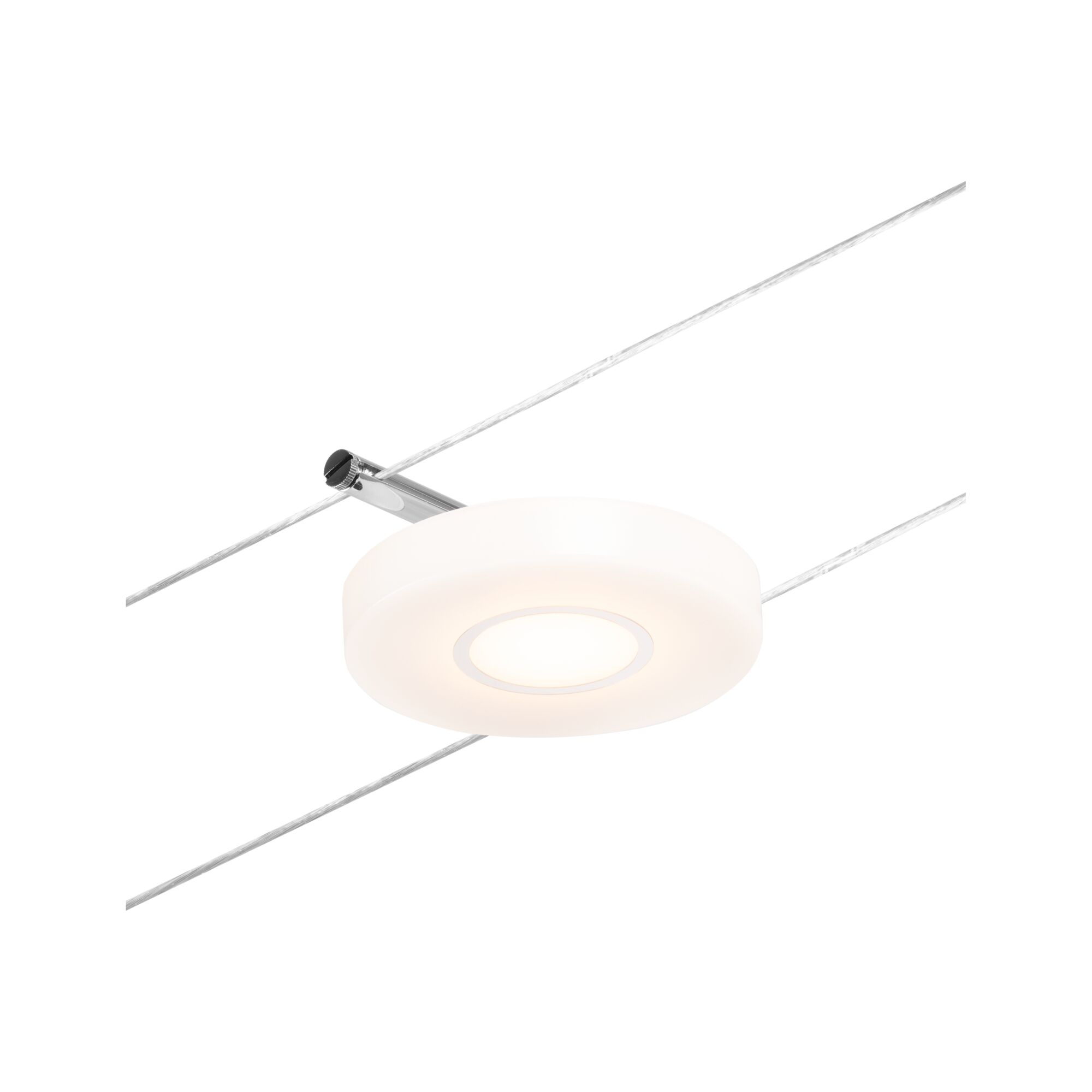 Rundes LED-Seilstrahler-Element in Weiß mit Chromhalterung für moderne Lichtakzente im Raum