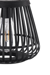 Black wooden slat lampshade with visible LED bulb for modern lighting design