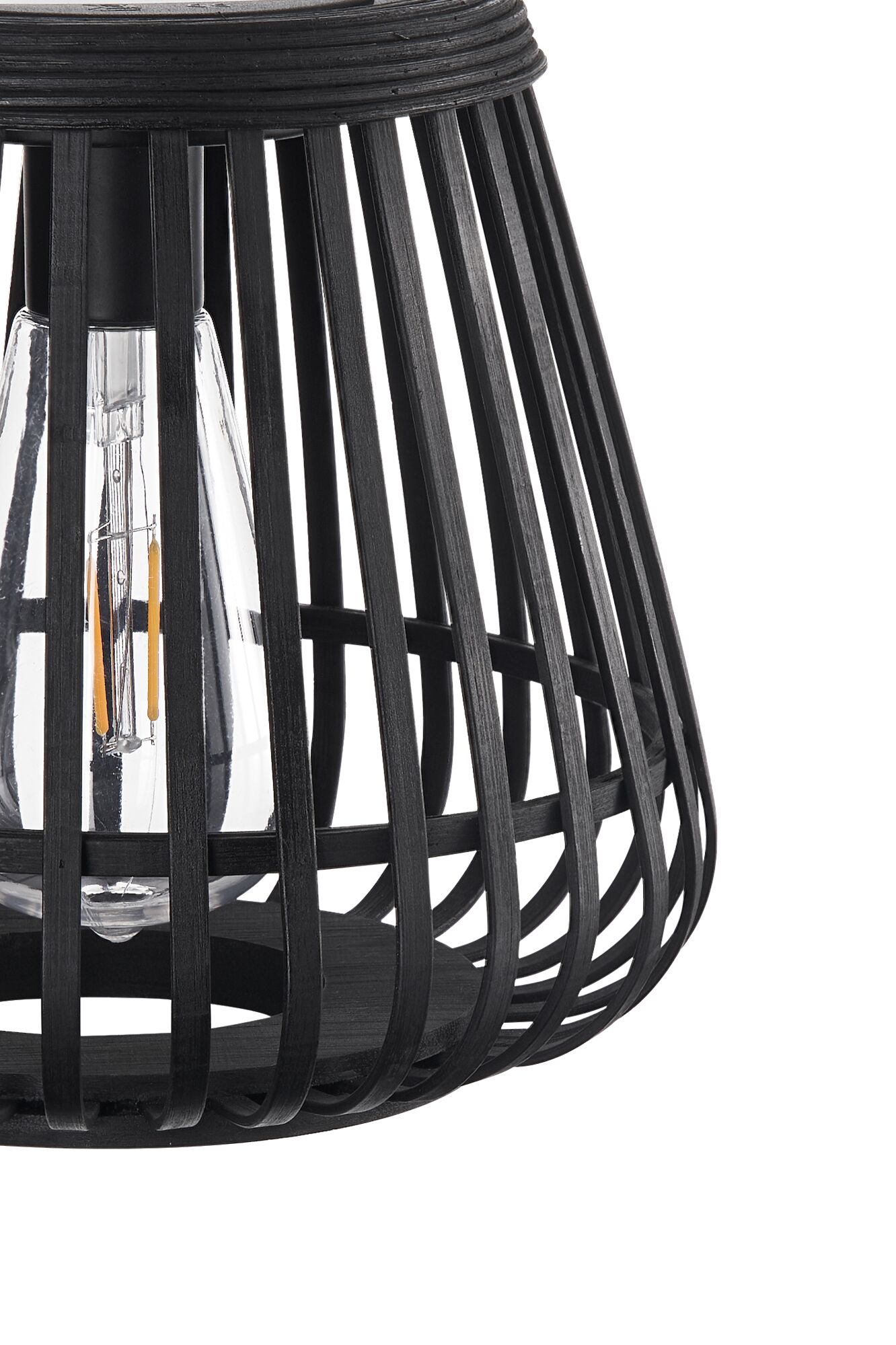 Black wooden slat lampshade with visible LED bulb for modern lighting design