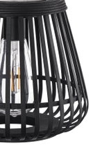 Black wooden slat lampshade with visible LED bulb for modern lighting design