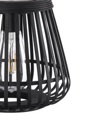 Schwarzer Lampenschirm aus Holzlamellen mit sichtbarer LED-Glühbirne für moderne Beleuchtung