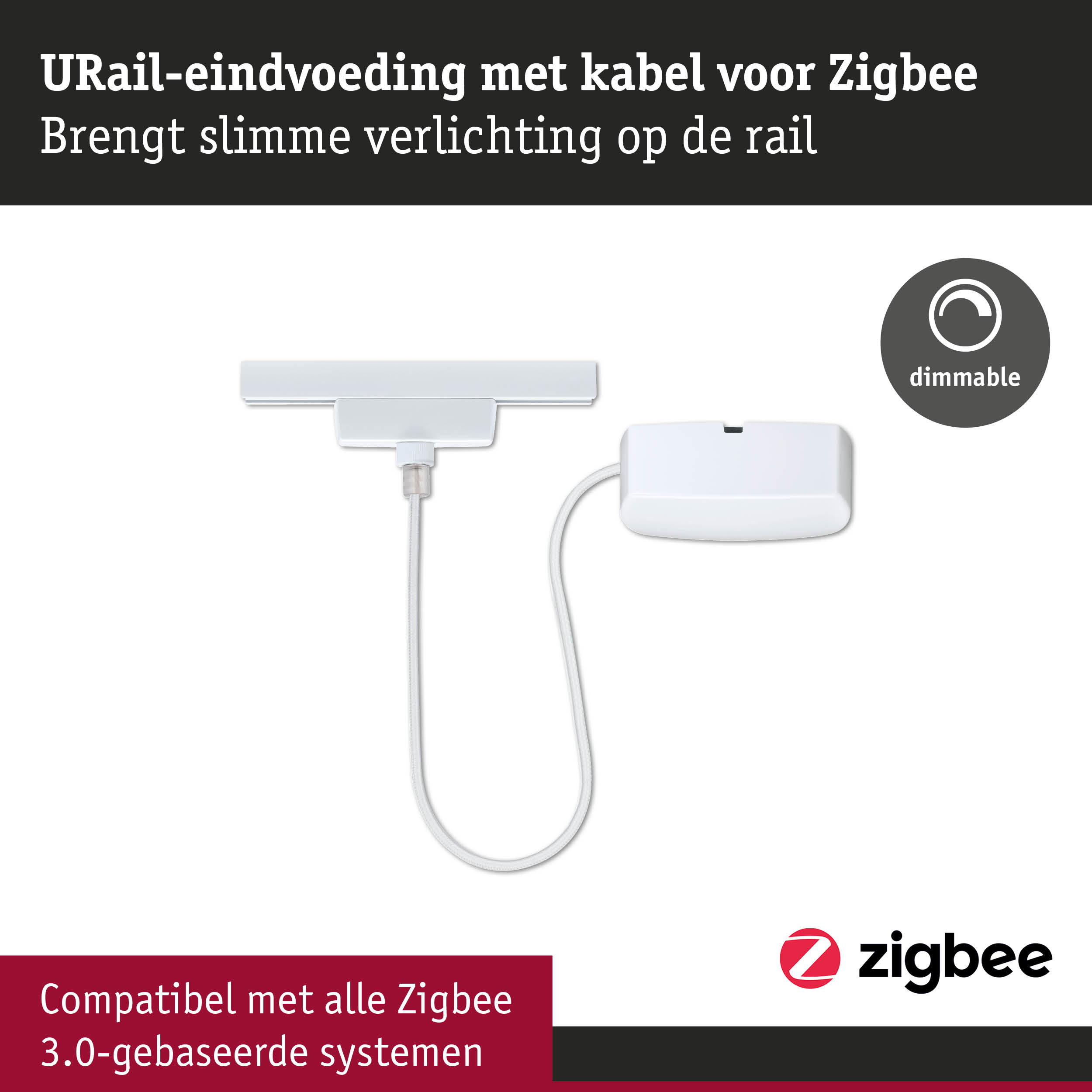 Witte URail-eindvoeding met kabel voor Zigbee, dimbaar, compatibel met Zigbee 3.0 systemen