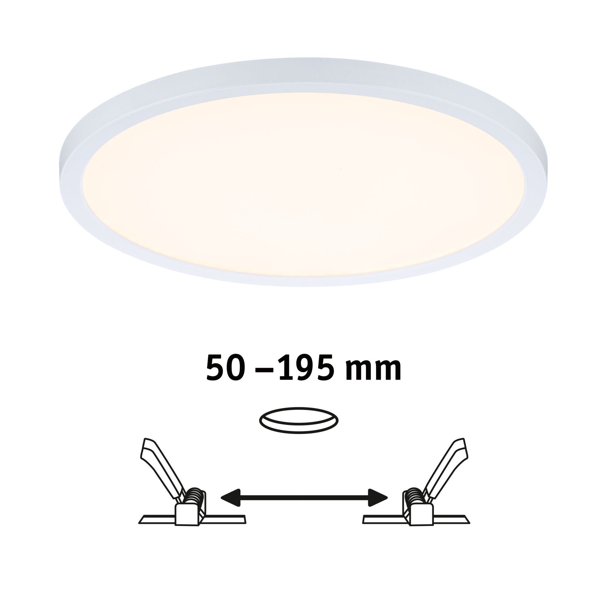 Round white LED ceiling light with adjustable installation size 50 to 195 mm for living spaces
