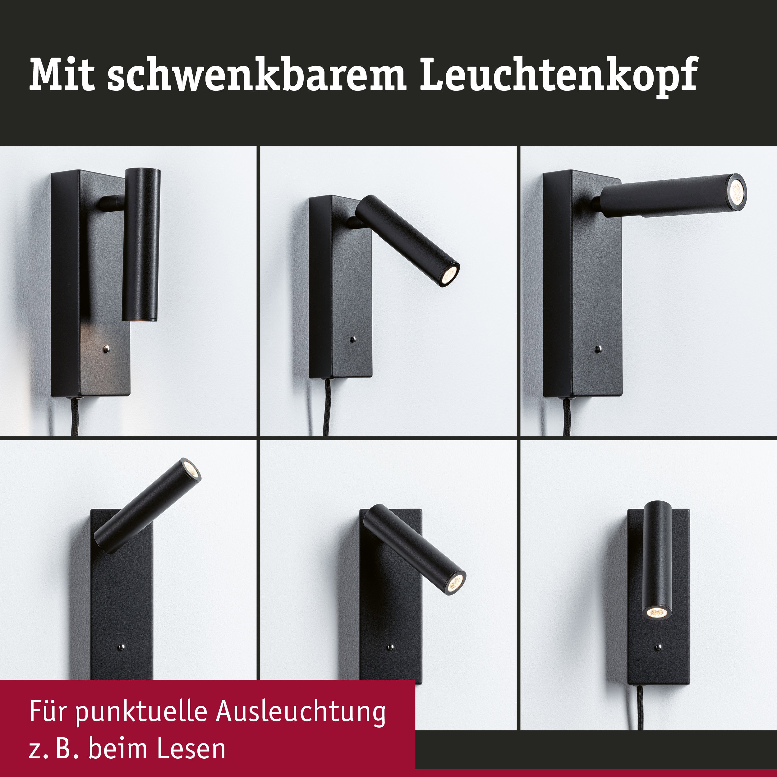 Schwarze LED-Wandleuchte mit schwenkbarem Leuchtenkopf für gezielte Beleuchtung beim Lesen
