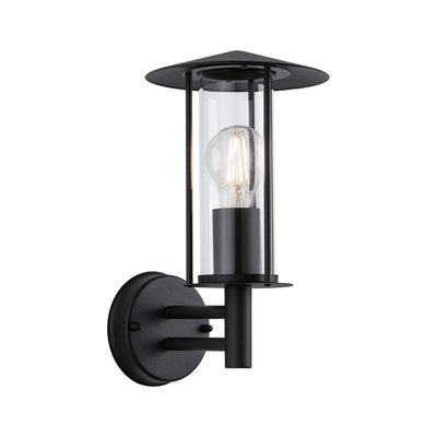 Black metal outdoor wall light with clear glass and visible LED bulb for garden lighting