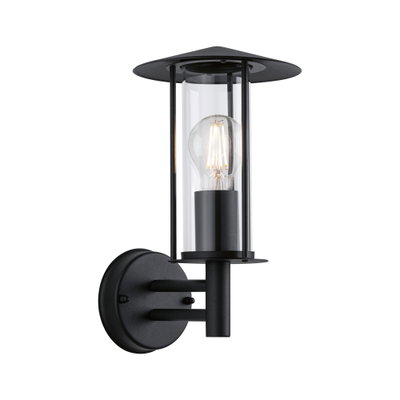 Schwarze Außenwandleuchte aus Metall mit klarem Glas und sichtbarer LED-Glühbirne für Gartenbeleuchtung