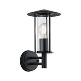 Black metal wall light with clear glass cylinder and visible LED bulb for outdoor lighting