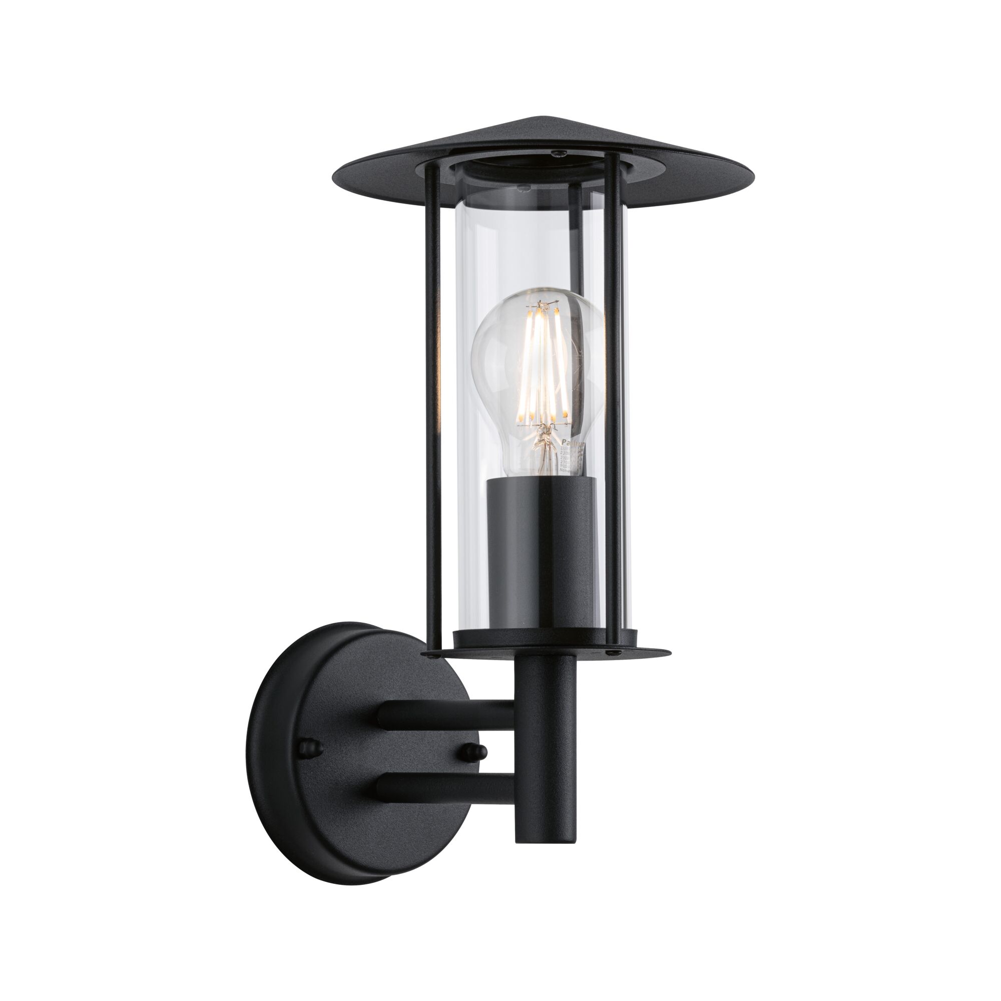 Schwarze Wandlampe aus Metall mit klarem Glaszylinder und sichtbarer LED-Glühbirne für Außenbeleuchtung