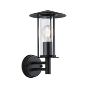 Schwarze Wandlampe aus Metall mit klarem Glaszylinder und sichtbarer LED-Glühbirne für Außenbeleuchtung