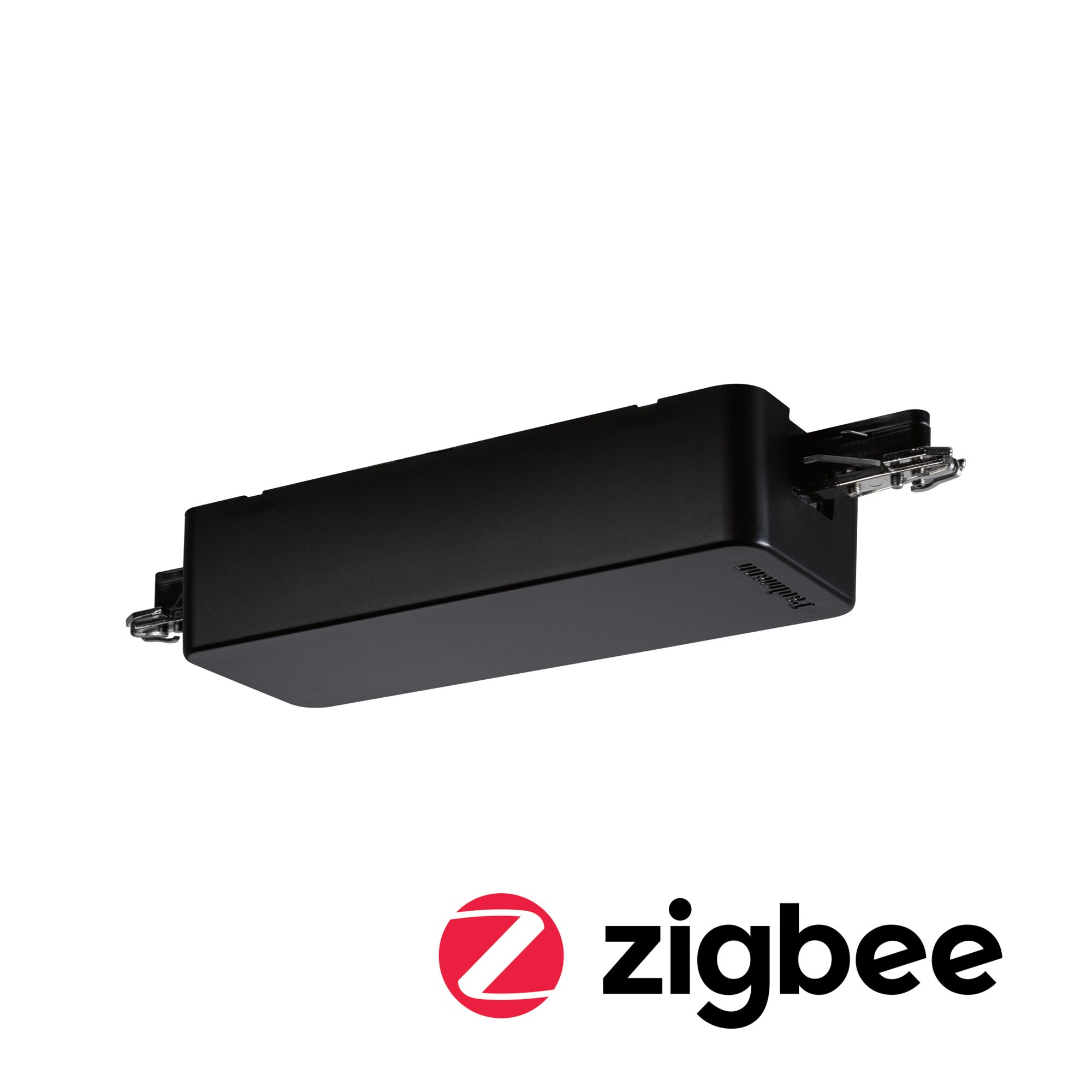 Black rectangular Zigbee module with metal connectors for smart home lighting control