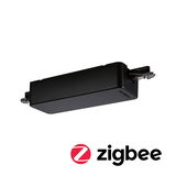 Black rectangular Zigbee module with metal connectors for smart home lighting control