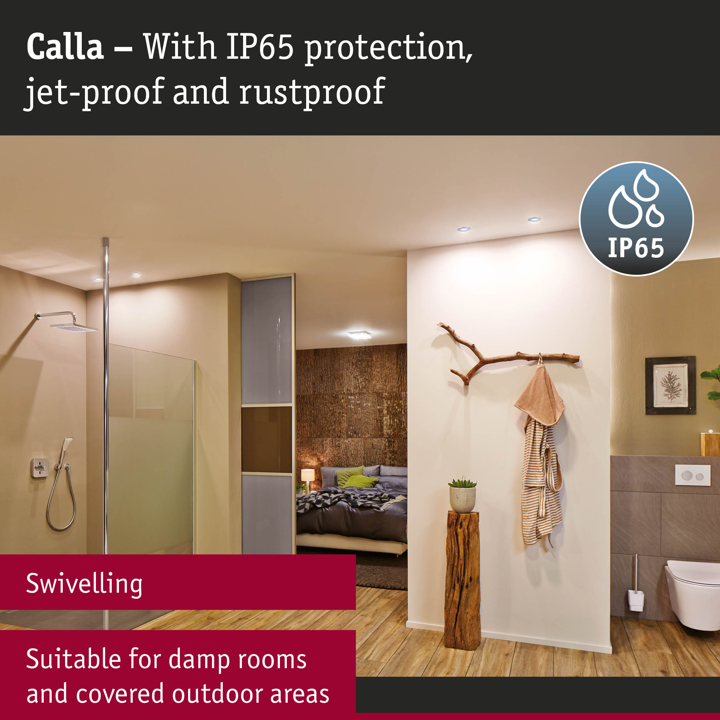 Modern bathroom lighting with IP65 protection, rustproof and swivelling, ideal for damp rooms and outdoors.