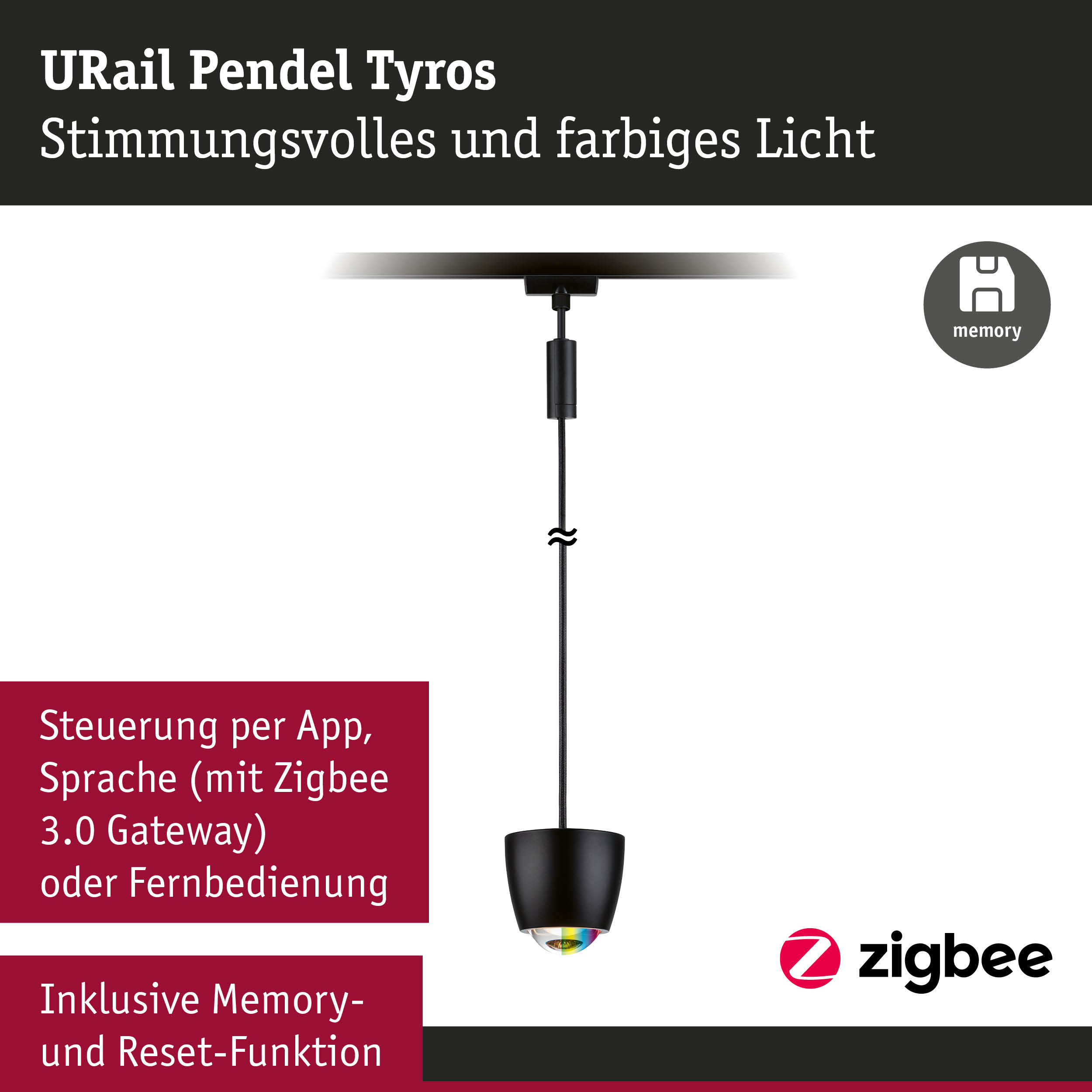 Schwarze URail Pendel Tyros LED-Hängeleuchte mit farbigem Licht und Zigbee Steuerung
