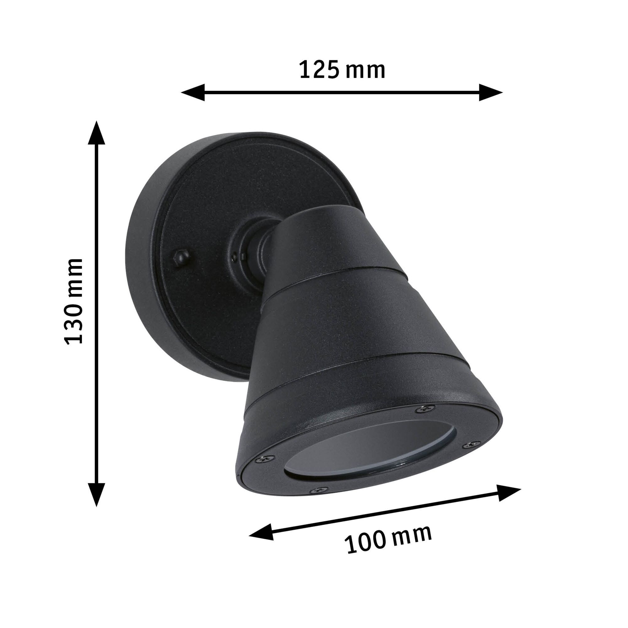 Black metal wall light with conical shade measuring 125x130x100 mm for indoor lighting