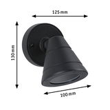 Black metal wall light with conical shade measuring 125x130x100 mm for indoor lighting