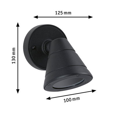 Black metal wall light with conical shade measuring 125x130x100 mm for indoor lighting