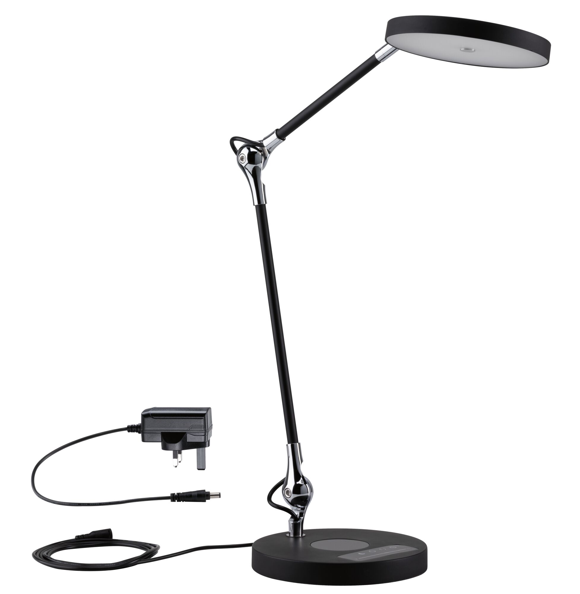 Modern black LED desk lamp with round light head and dimmable touch switch made of metal.