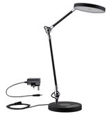 Modern black LED desk lamp with round light head and dimmable touch switch made of metal.