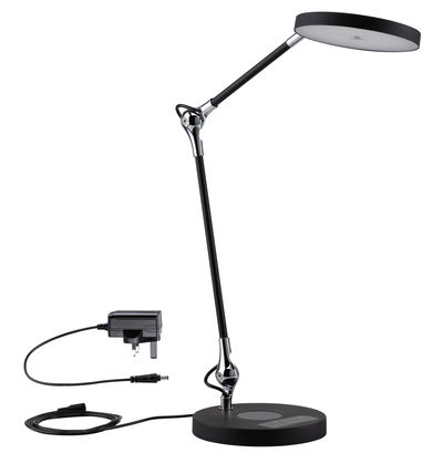 Modern black LED desk lamp with round light head and dimmable touch switch made of metal.