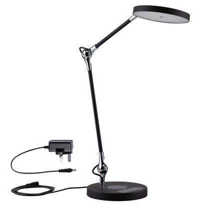 Modern black LED desk lamp with round light head and dimmable touch switch made of metal.