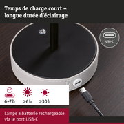 Chargeur USB-C avec surface noire et base en cuir blanc pour lampes LED rechargeables à longue autonomie