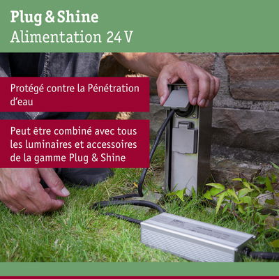 Alimentation 24V Plug & Shine en acier inoxydable avec protection IP44 pour éclairage extérieur
