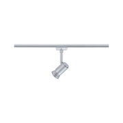 Silberner LED-Strahler aus Metall an Schienensystem für flexible Beleuchtung im Innenraum