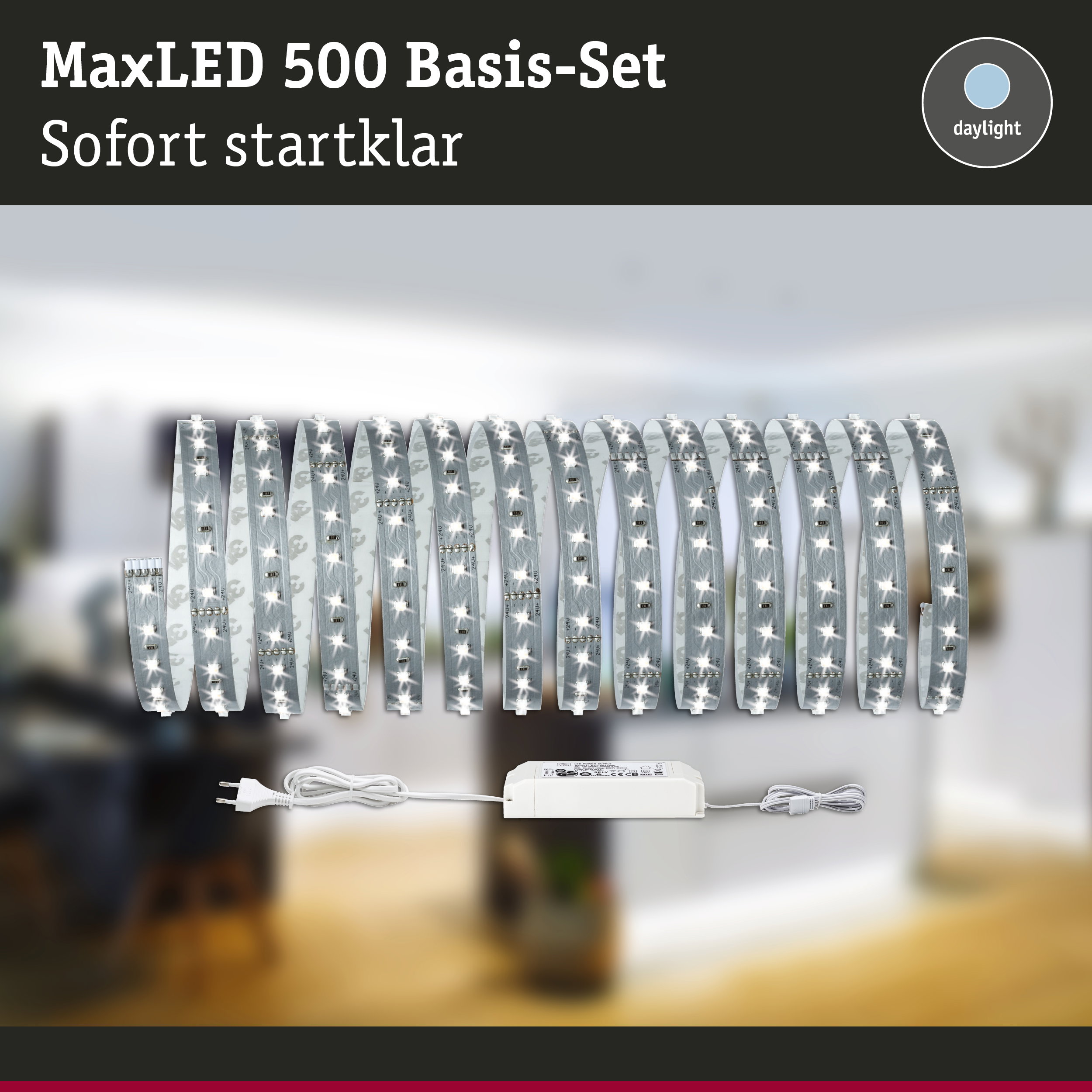 MaxLED 500 Basis-Set mit flexiblen LED-Lichtbändern in Tageslichtweiß und Netzteil für Raumbeleuchtung