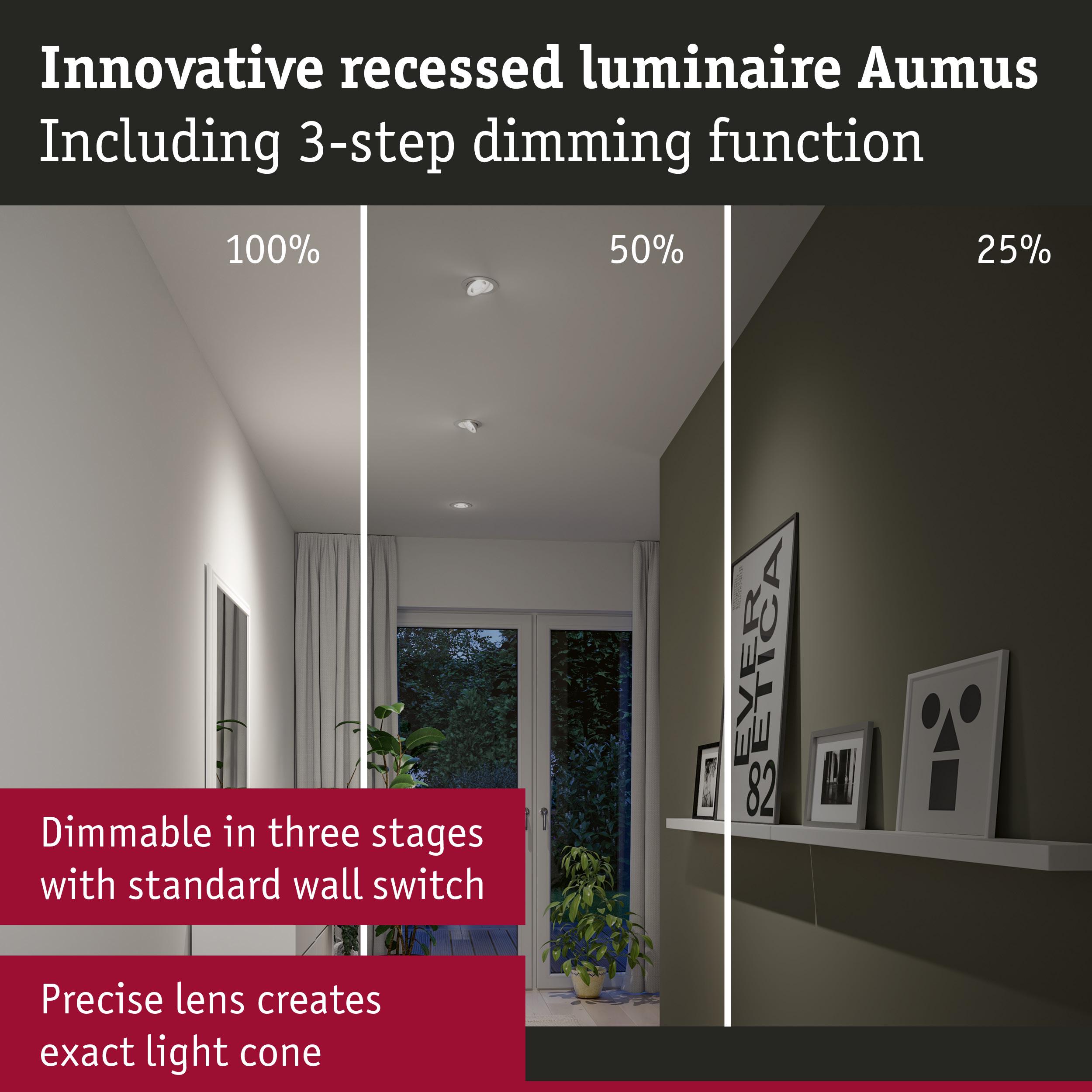 Innovative recessed luminaire Aumus with 3-step dimming and precise lens creating exact light cone