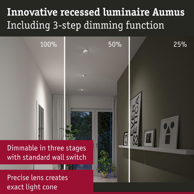 Innovative recessed luminaire Aumus with 3-step dimming and precise lens creating exact light cone