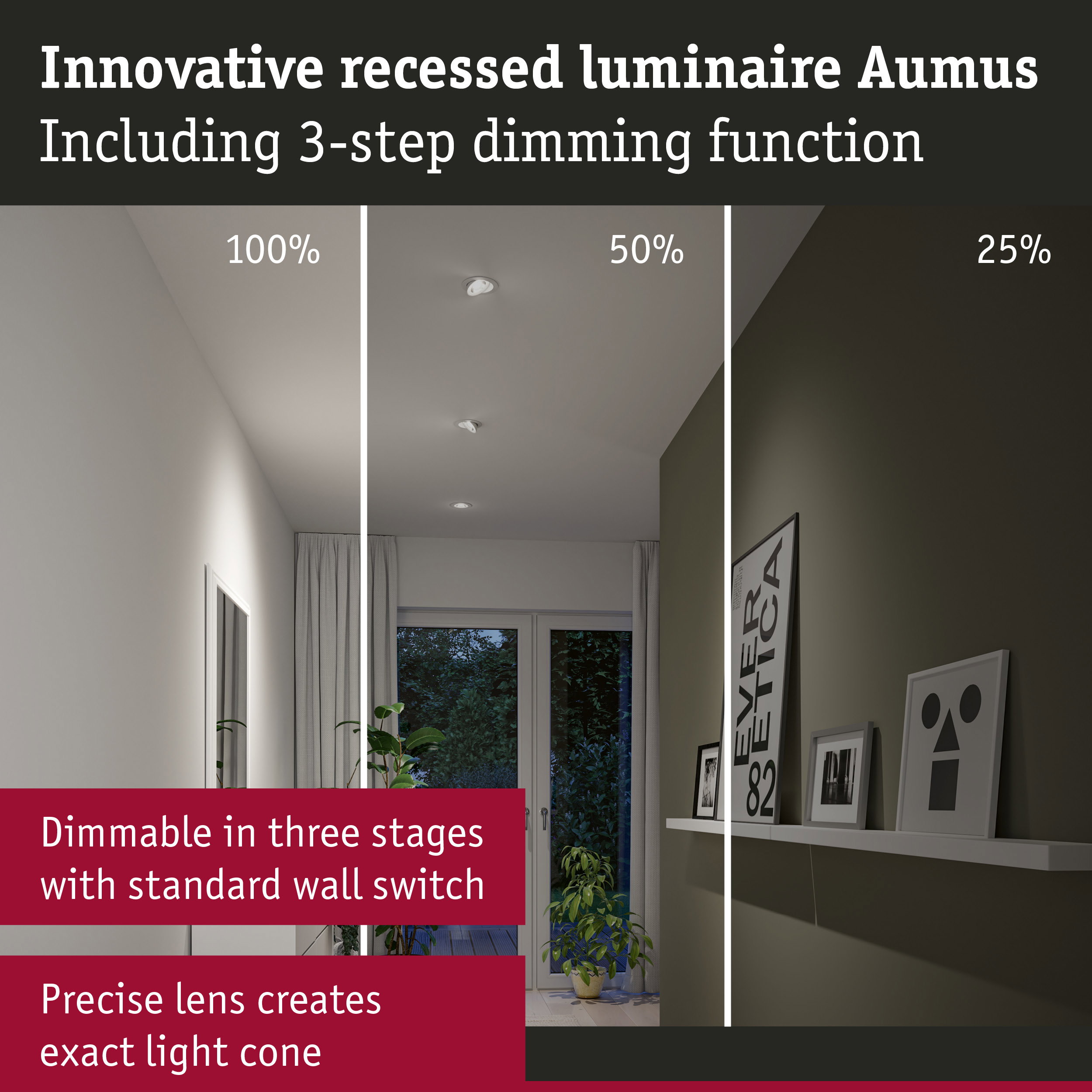 Innovative white recessed luminaire Aumus with 3-step dimming and precise light cone for home lighting