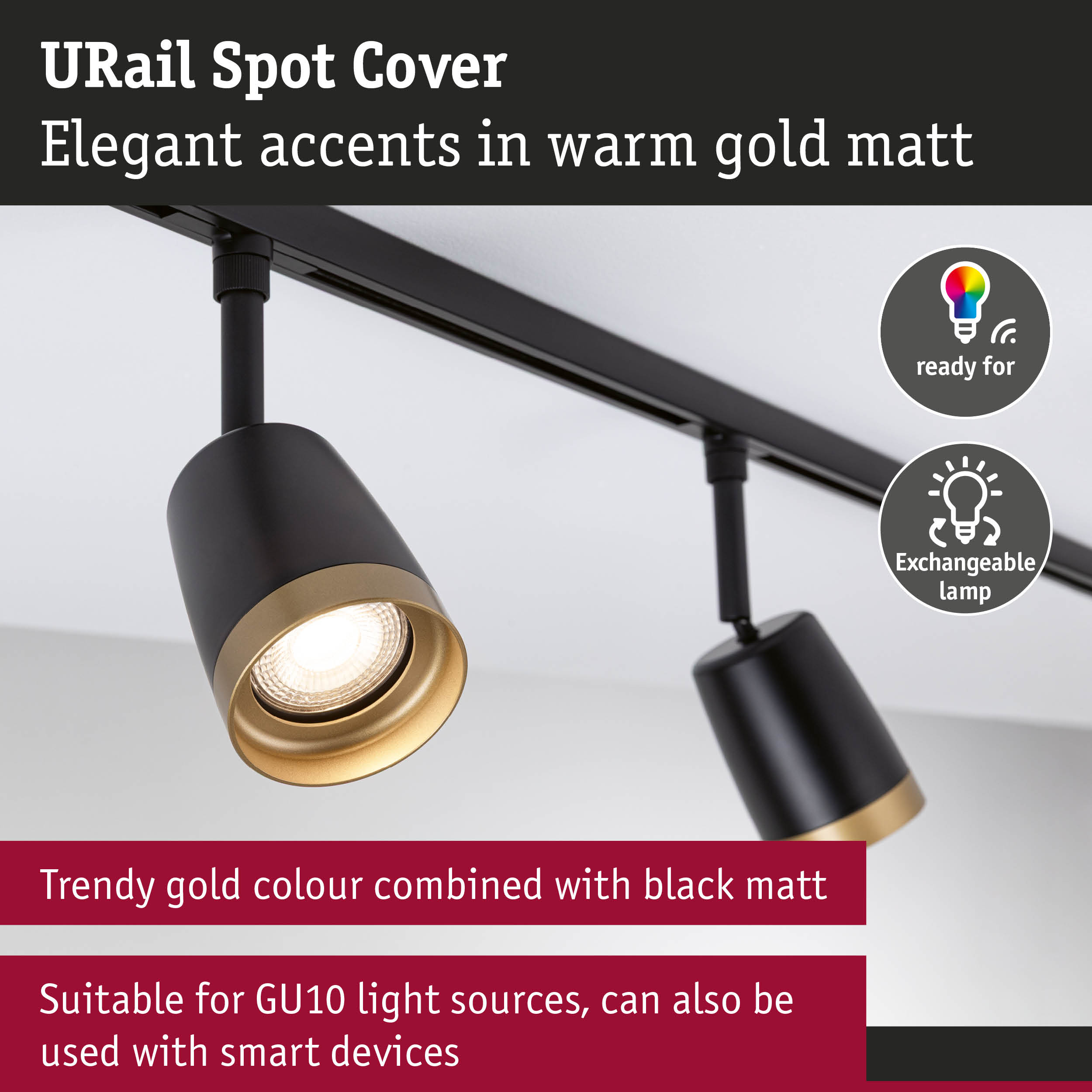 URail Spot Cover in matte black with warm gold accent, LED track spotlight suitable for GU10 bulbs